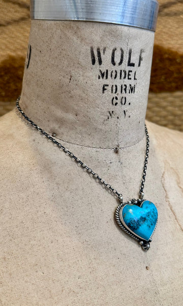 JOHNNY DIXON Navajo Silver & Kingman Turquoise Heart Necklace