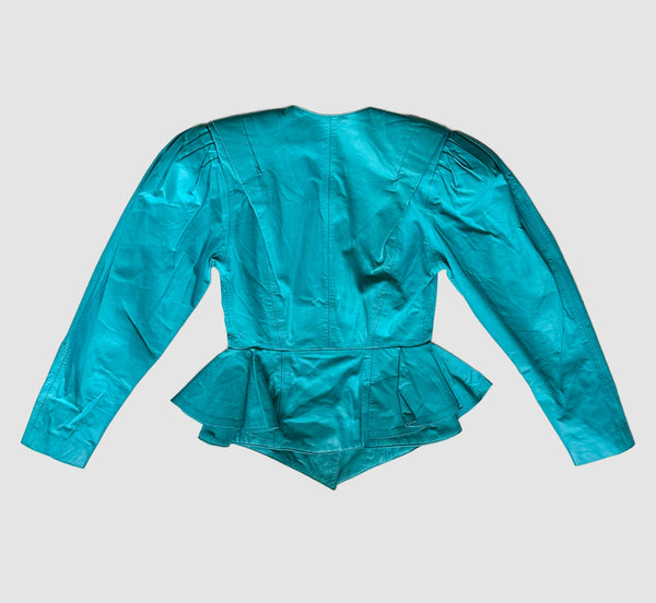 OBSSETION PEPLUM Aqua Leather Vintage 80's Peacoat Jacket • Women's Small