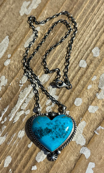 JOHNNY DIXON Navajo Silver & Kingman Turquoise Heart Necklace