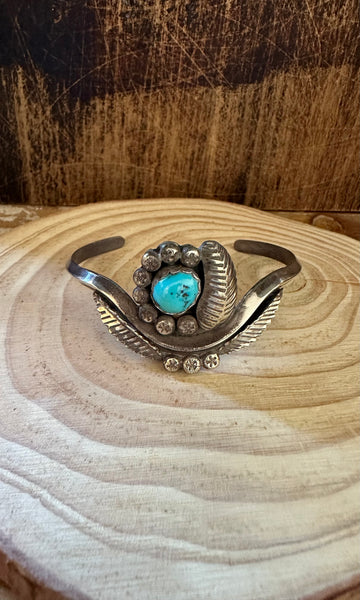 LEAFY APPLIQUE CUFF Navajo Turquoise Sterling Silver Cuff 16g