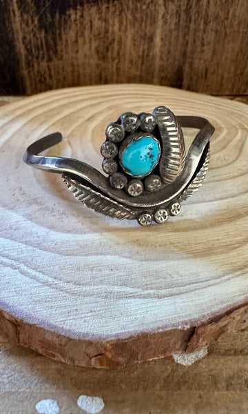 LEAFY APPLIQUE CUFF Navajo Turquoise Sterling Silver Cuff 16g