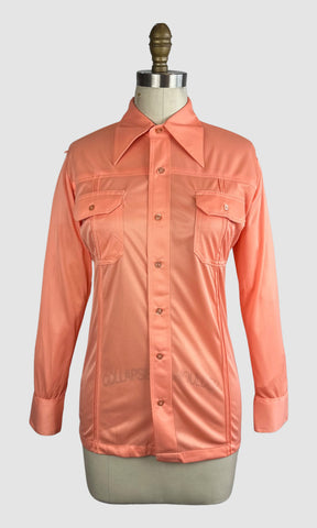 PIERRE FOSHEY 70s Deadstock Apricot Polyester Disco Shirt • Medium
