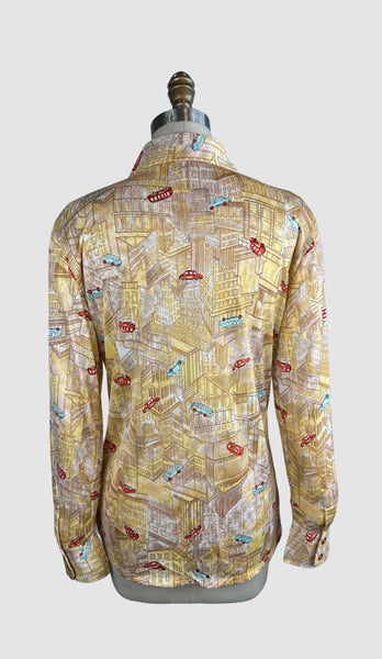 PIERRE FOSHEY 70s Deadstock City Print Polyester Disco Shirt • Medium