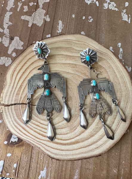 THUNDERBIRD LJC Sterling Silver and Turquoise Navajo Statement Earrings