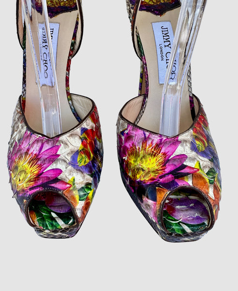 JIMMY CHOO Lola Floral Printed Ankle Strap  Platform Shoes • Size 38