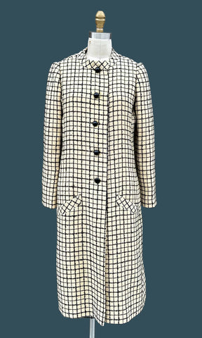 GALANOS WINDOWPANE WOOL Vintage 60s Coat • Sm. to Med.