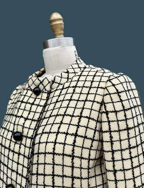 GALANOS WINDOWPANE WOOL Vintage 60s Coat • Sm. to Med.