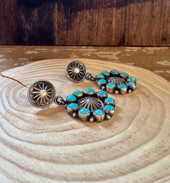 RUNNING BEAR Navajo Silver and Turquoise Flower Earrings