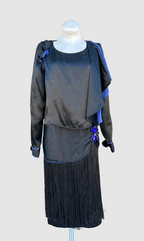 ROARING TWENTIES 20s Black & Blue Silk Satin Dress with Fringe Skirt  • XX Small