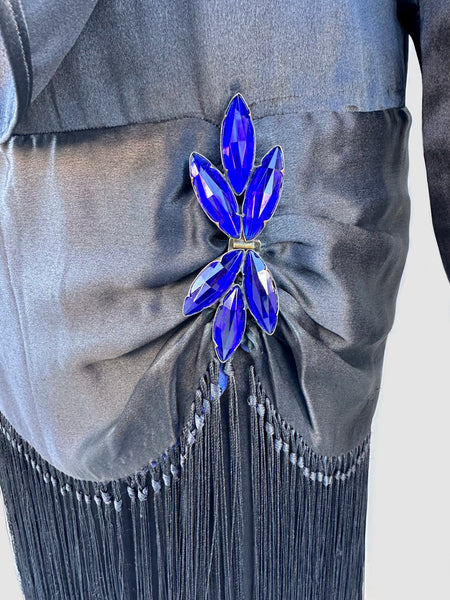 ROARING TWENTIES 20s Black & Blue Silk Satin Dress with Fringe Skirt  • XX Small