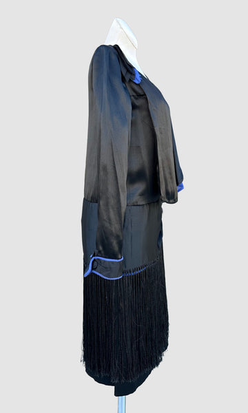ROARING TWENTIES 20s Black & Blue Silk Satin Dress with Fringe Skirt  • XX Small