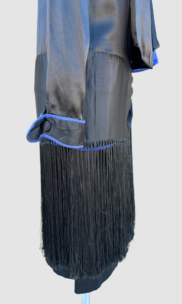 ROARING TWENTIES 20s Black & Blue Silk Satin Dress with Fringe Skirt  • XX Small