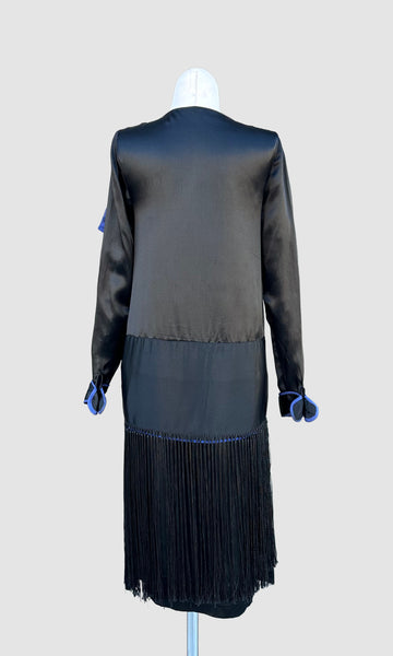 ROARING TWENTIES 20s Black & Blue Silk Satin Dress with Fringe Skirt  • XX Small