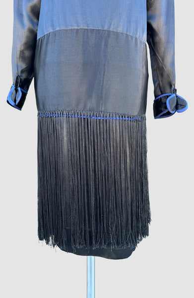 ROARING TWENTIES 20s Black & Blue Silk Satin Dress with Fringe Skirt  • XX Small