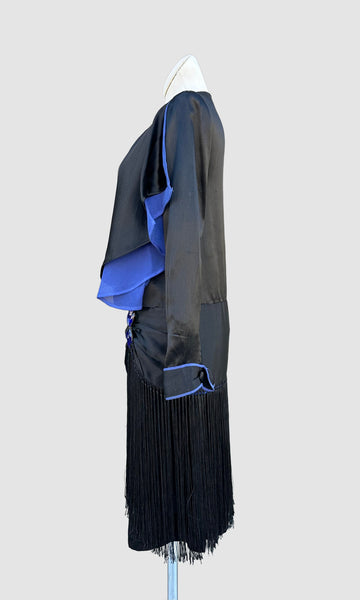 ROARING TWENTIES 20s Black & Blue Silk Satin Dress with Fringe Skirt  • XX Small