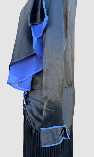 ROARING TWENTIES 20s Black & Blue Silk Satin Dress with Fringe Skirt  • XX Small