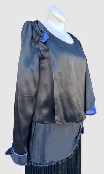 ROARING TWENTIES 20s Black & Blue Silk Satin Dress with Fringe Skirt  • XX Small