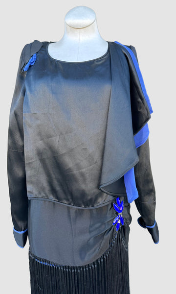 ROARING TWENTIES 20s Black & Blue Silk Satin Dress with Fringe Skirt  • XX Small