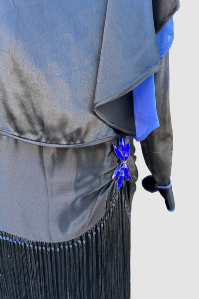 ROARING TWENTIES 20s Black & Blue Silk Satin Dress with Fringe Skirt  • XX Small