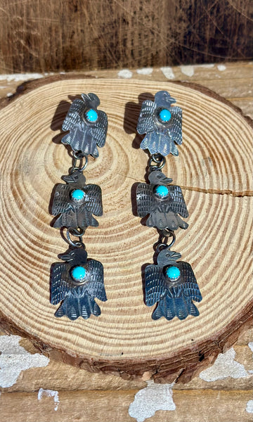 GABRIELLE YAZZIE Triple Thunderbird Silver & Turquoise Earrings