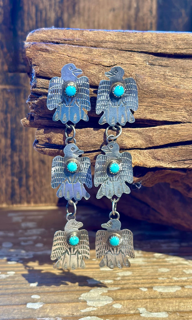 GABRIELLE YAZZIE Triple Thunderbird Silver & Turquoise Earrings