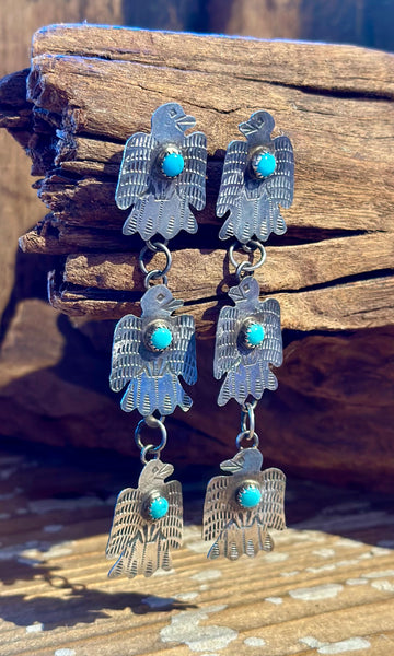 GABRIELLE YAZZIE Triple Thunderbird Silver & Turquoise Earrings