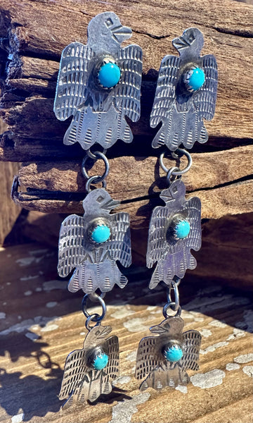 GABRIELLE YAZZIE Triple Thunderbird Silver & Turquoise Earrings