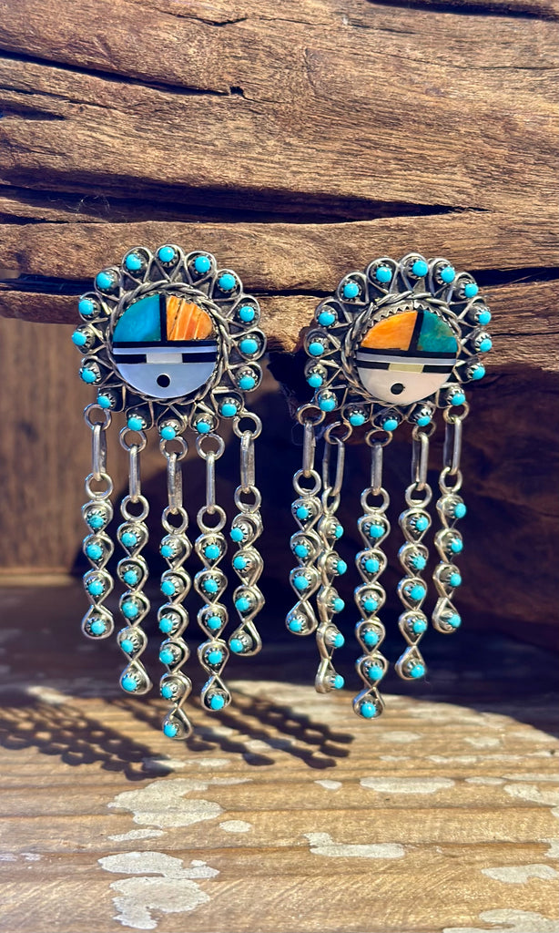 ZUNI SUN FACE Sterling Silver & Turquoise Chandelier Inlay Earrings