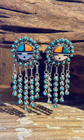 ZUNI SUN FACE Sterling Silver & Turquoise Chandelier Inlay Earrings