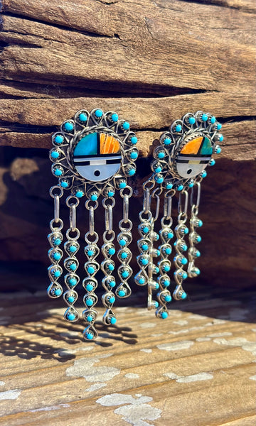 ZUNI SUN FACE Sterling Silver & Turquoise Chandelier Inlay Earrings