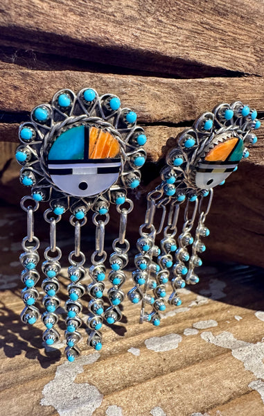 ZUNI SUN FACE Sterling Silver & Turquoise Chandelier Inlay Earrings