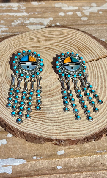 ZUNI SUN FACE Sterling Silver & Turquoise Chandelier Inlay Earrings
