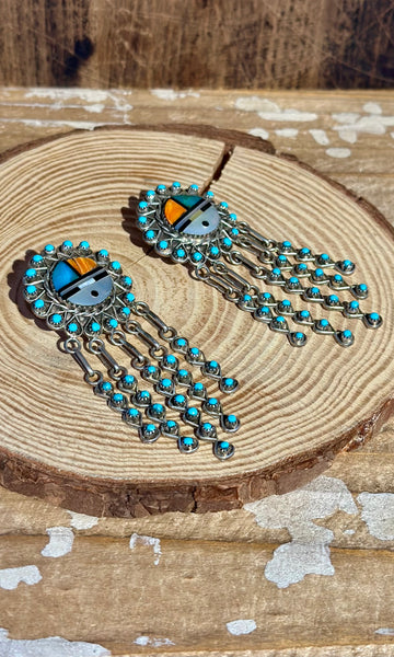 ZUNI SUN FACE Sterling Silver & Turquoise Chandelier Inlay Earrings