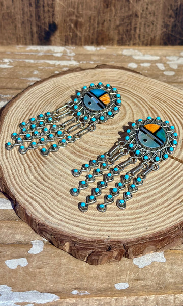 ZUNI SUN FACE Sterling Silver & Turquoise Chandelier Inlay Earrings