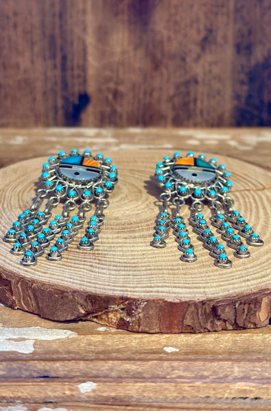 ZUNI SUN FACE Sterling Silver & Turquoise Chandelier Inlay Earrings