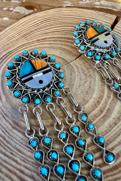 ZUNI SUN FACE Sterling Silver & Turquoise Chandelier Inlay Earrings