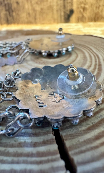 ZUNI SUN FACE Sterling Silver & Turquoise Chandelier Inlay Earrings
