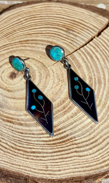 ZUNI W & V Sanchez, Wood and Turquoise Inlay Earrings