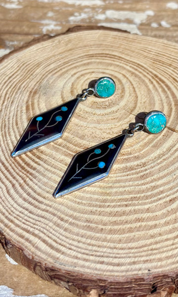 ZUNI W & V Sanchez, Wood and Turquoise Inlay Earrings