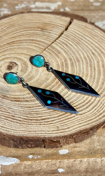 ZUNI W & V Sanchez, Wood and Turquoise Inlay Earrings