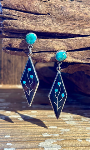 ZUNI W & V Sanchez, Wood and Turquoise Inlay Earrings