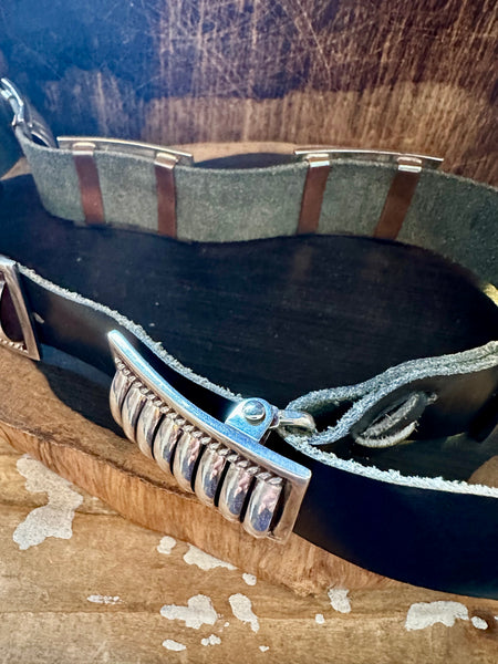 TOM CHARLEY Sterling Silver Scalloped Concho Leather Belt • Sm. to Med.