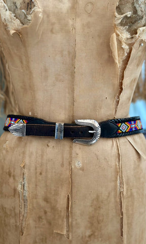 VINTAGE SOUTHWESTERN BEADED Black Leather Belt • Med. to Lg.