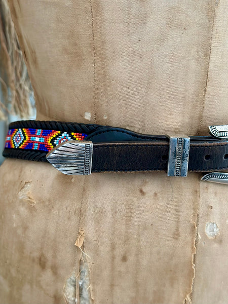 VINTAGE SOUTHWESTERN BEADED Black Leather Belt • Med. to Lg.