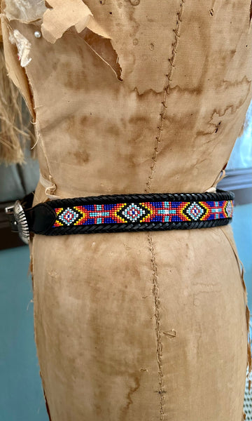 VINTAGE SOUTHWESTERN BEADED Black Leather Belt • Med. to Lg.