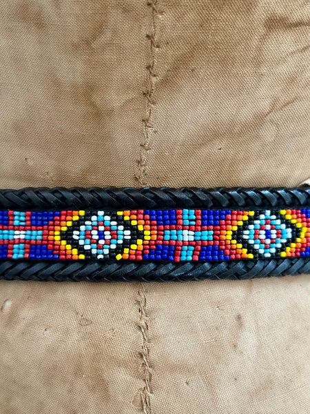 VINTAGE SOUTHWESTERN BEADED Black Leather Belt • Med. to Lg.