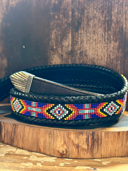 VINTAGE SOUTHWESTERN BEADED Black Leather Belt • Med. to Lg.