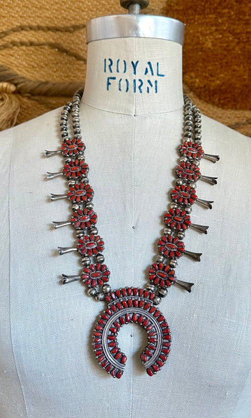 NATIVE AMERICAN REVERSIBLE Squash Blossom Turquoise & Coral Silver Necklace