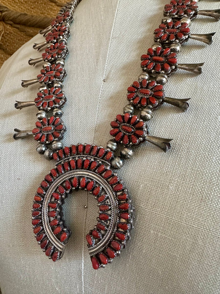 NATIVE AMERICAN REVERSIBLE Squash Blossom Turquoise & Coral Silver Necklace