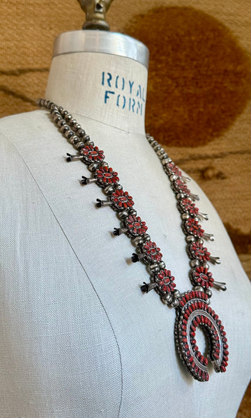 NATIVE AMERICAN REVERSIBLE Squash Blossom Turquoise & Coral Silver Necklace